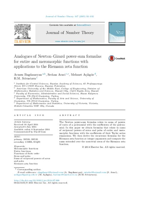 (PDF) Analogues of Newton-Girard power sum formulas for entire and ...