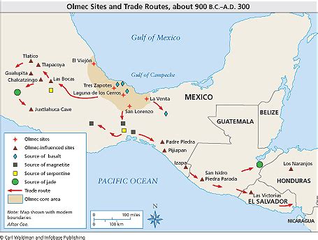 Olmec sites and trade routes 900BC-300AD Wooden Canoe, Gulf Of Mexico ...