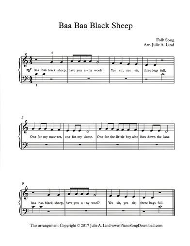 Baa Baa Black Sheep: free easy printable sheet music for piano