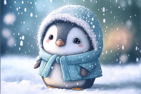 A cute baby penguin dressed in a snow-coat stands in the snow du ...