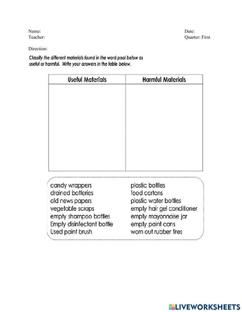 Useful and Harmful Materials Worksheet