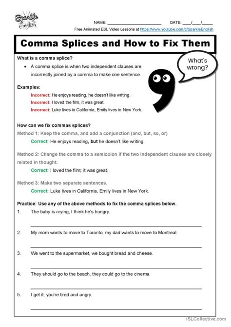 Comma Splices and How to Fix Them: A…: English ESL worksheets pdf & doc