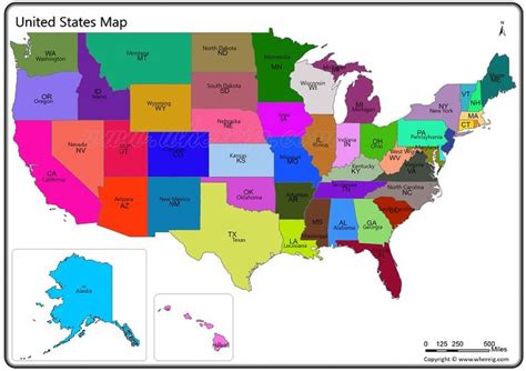 the united states map is shown in bright colors