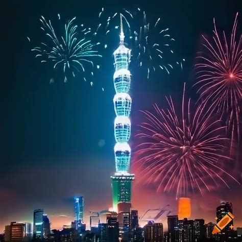 Taipei 101 launching fireworks with colorful laser light on Craiyon