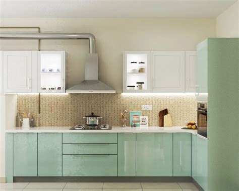 Glossy Pastel Green L-Shaped Spacious India Kitchen Design | Livspace