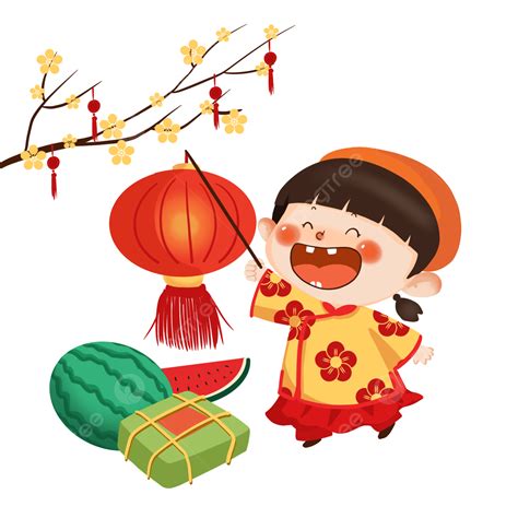 Vietnamese Tet Characters Cartoon Style Kids Holding Lanterns And ...