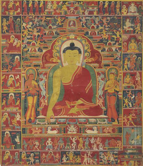 A painting of Buddha with scenes from his life , TIBET, 14TH CENTURY ...