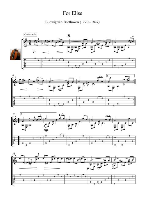 For Elise Guitar solo sheet music Fur Elise, arranged for classical ...