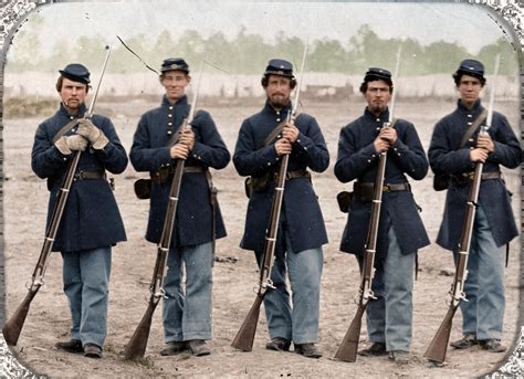 Five soldiers, four unidentified, in Union uniforms of the 6th Regiment ...