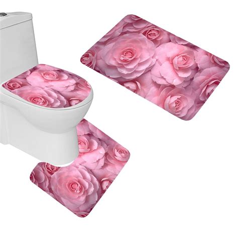 GOHAO Rose Pink Flower 3 Piece Bathroom Rugs Set Bath Rug Contour Mat ...