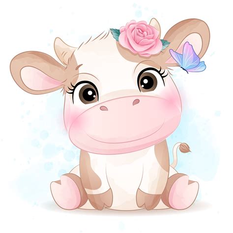 Cute doodle cow clipart with watercolor illustration