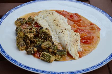 Tautog with Creamy Tomatoes and Cornmeal Fried Okra - My Fishing Cape Cod