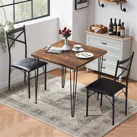 VECELO 29 in. L Brown 3-Piece Dining Set Modern Dining Table Set Metal ...