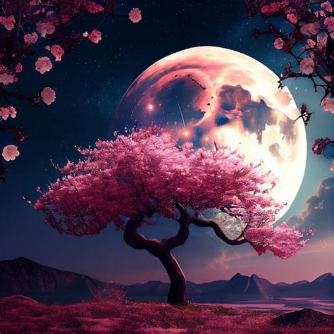 Premium Photo | Cherry blossom sakura trees and full moon illustration