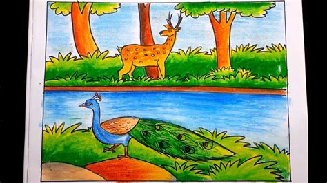 How to draw forest scenery step by step | forest scenery with animals ...