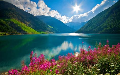 nature, Landscape, Mountain, River, Sun, Clouds, Pink Flowers, Austria ...