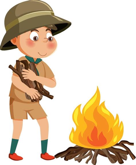 Cute boy scout cartoon character campfire 12054354 Vector Art at Vecteezy