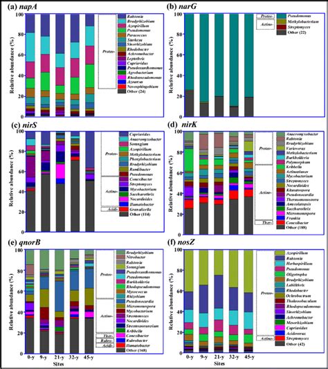 a–f Relative abundance of denitrifying functional genes at the genus ...