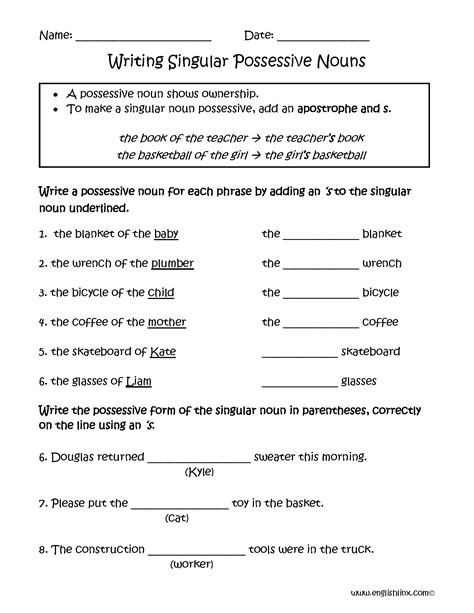 Singular And Plural Possessive Nouns Worksheets