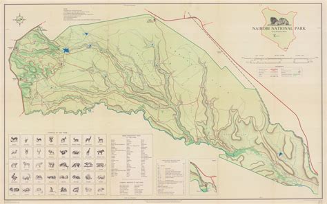 Survey of Kenya, Map of Nairobi National Park with a list of Bird and ...