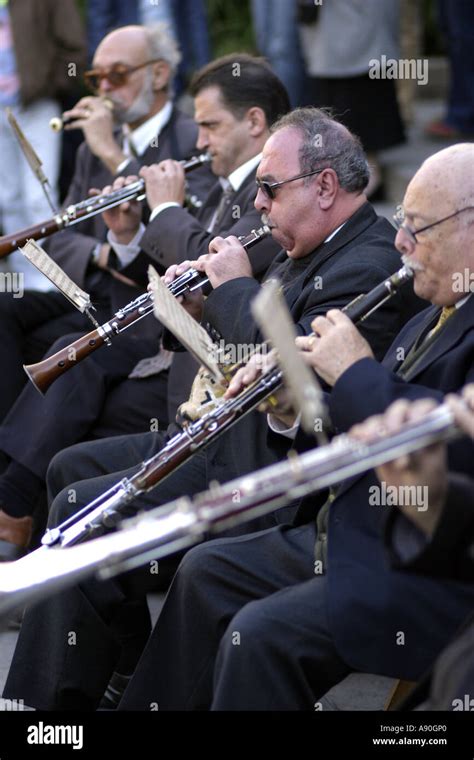 Tarote Shawm players in a Cobla playing for a Sardana Barcelo Stock ...