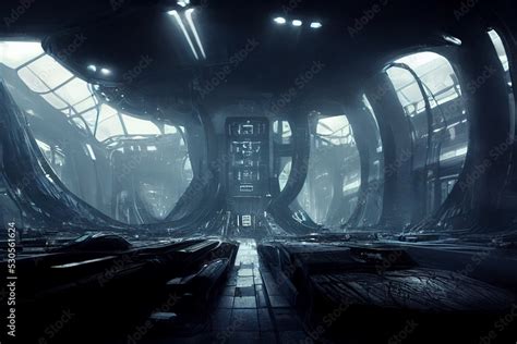 interior of large alien spaceship, digital art, background Stock ...