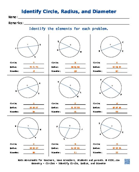 Circle Worksheets Chord Diameter Radius