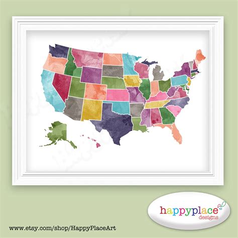 Bright Watercolor USA Map Printable for Instant Download in 8x10 ...