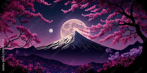 Mount Fuji and cherry blossoms which are viewed from Japan landscape ...