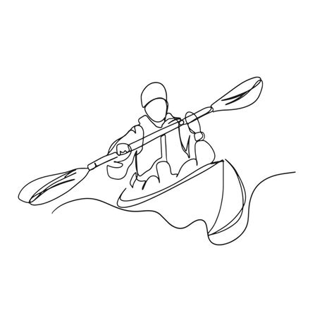 arte lineal de canoa, hombres en kayak, deporte acuático, dibujo de ...