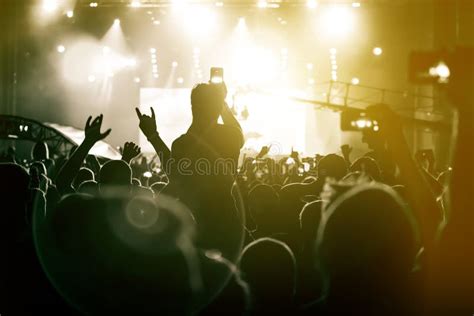 Happy Crowd at a Concert, People with Raised Hands at Summer Music ...