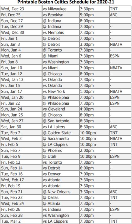 Printable Boston Celtics schedule and national TV schedule for 2020-21 ...