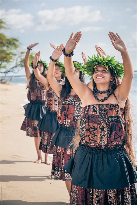 "Group Of Teenage Traditional Hawaiian Hula Dancers Performing On The ...