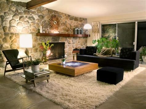 Stylish Midcentury-Modern Living Room With Stone Wall | Best living ...