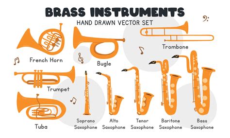 Brass instruments vector set. Simple cute trumpet, bugle, trombone ...