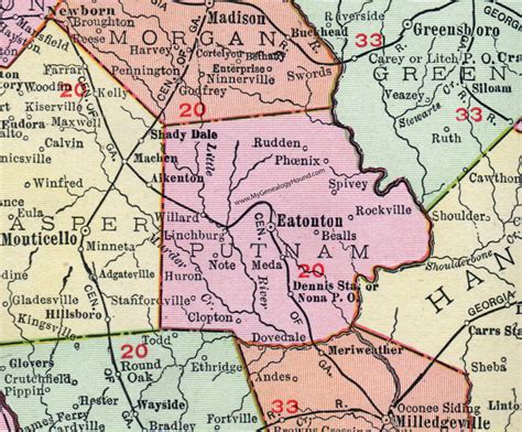 Putnam County, Georgia, 1911, Map, Eatonton, Linchburg, Clopton, Spivey ...