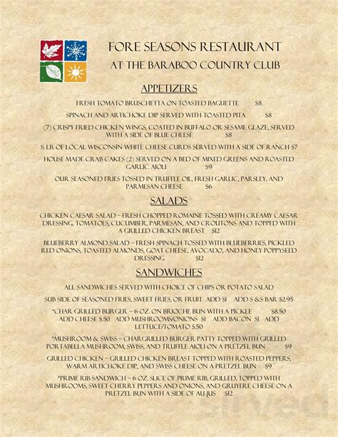 Fore Seasons Restaurant menus in Baraboo, Wisconsin, United States