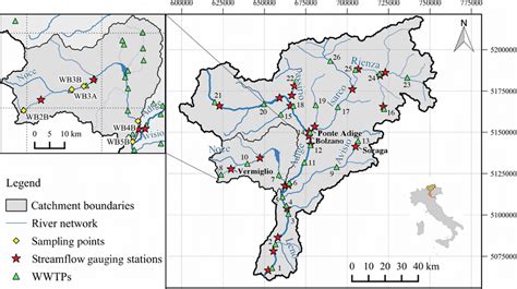 Map of the Adige River basin and its main tributaries with a zoom on ...