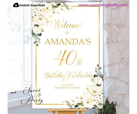 Ivory Roses Birthday Party Welcome Sign Template|40th Birthday Party ...