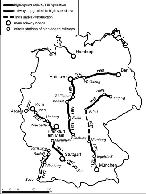 The high-speed railway network in France (left) and Germany (right) in ...