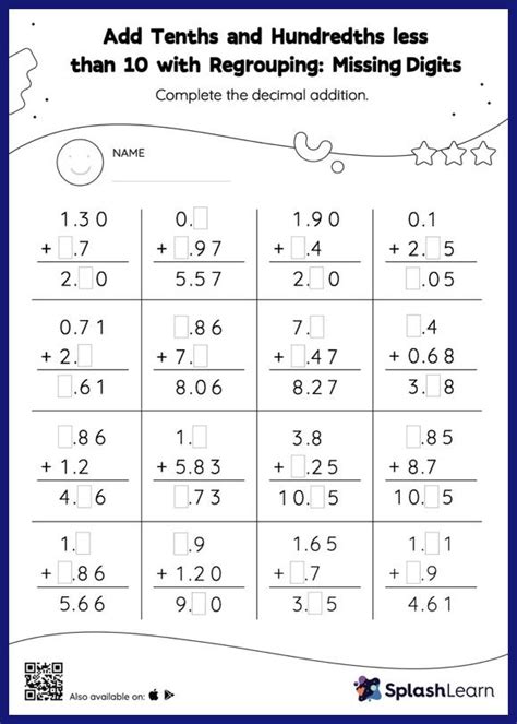 Add Tenths and Hundredths less than 10 with Regrouping: Missing Digits ...