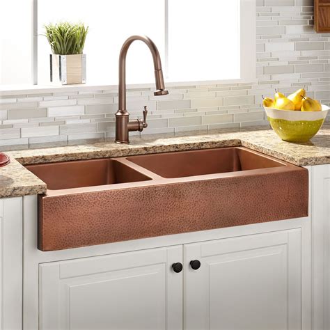 33" Vernon 60/40 Double-Bowl Hammered Copper Retrofit Farmhouse Sink ...