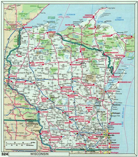 Large roads and highways map of Wisconsin state with national parks and ...