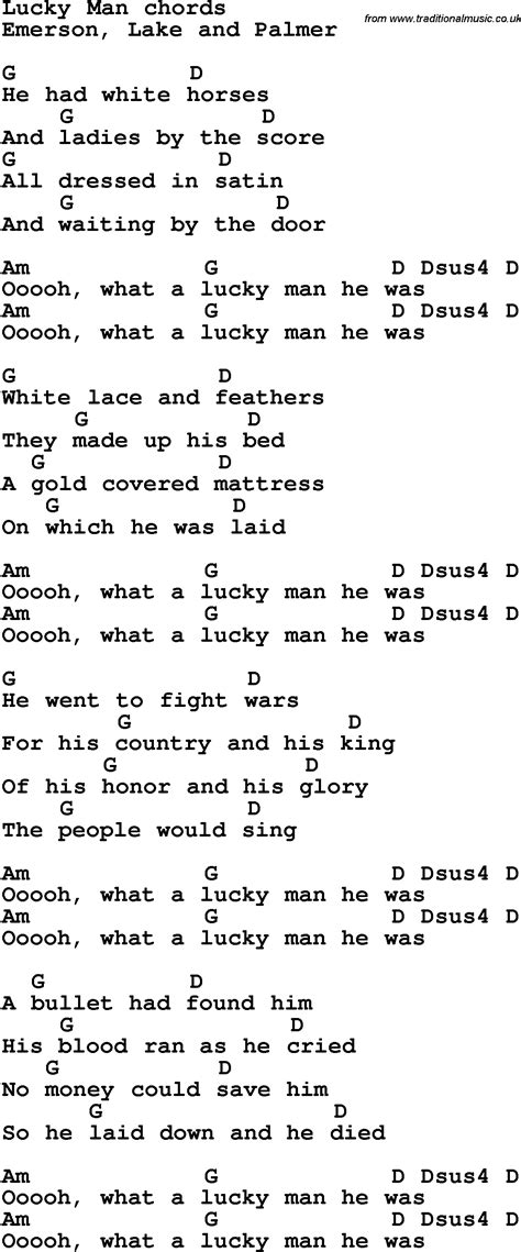 Song lyrics with guitar chords for Lucky Man