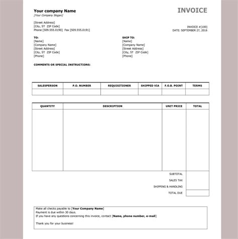 Invoice Templates Printable Free Word Doc