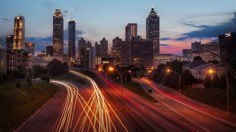 Gray concrete road, cityscape, building, lights, long exposure HD ...