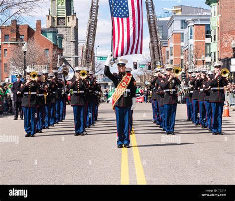 US Marine Corps Marching Band standing in formation under the American ...