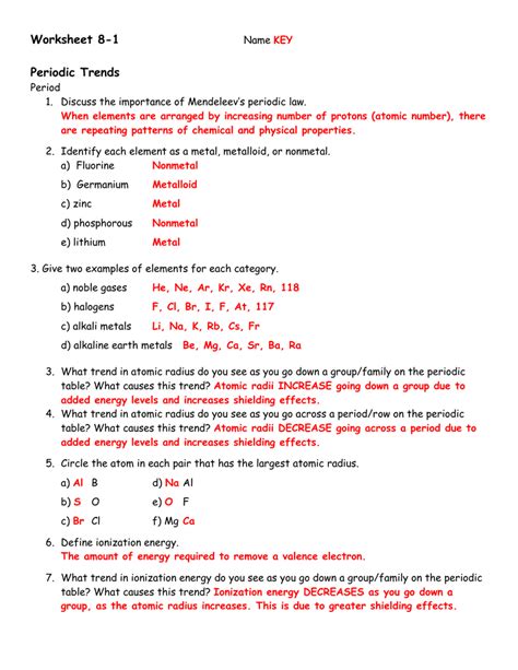 Worksheet Periodic Trends Answers - Wordworksheet.com