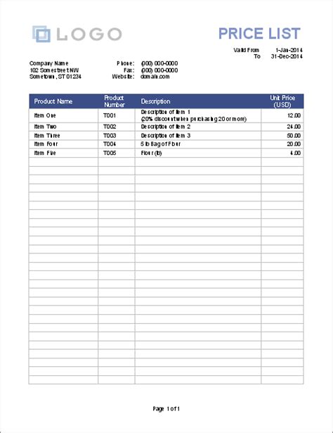 Printable Price List Template for Excel