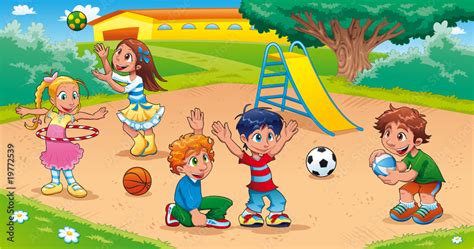 Kids in the playground. Funny cartoon and vector scene. Stock Vector ...